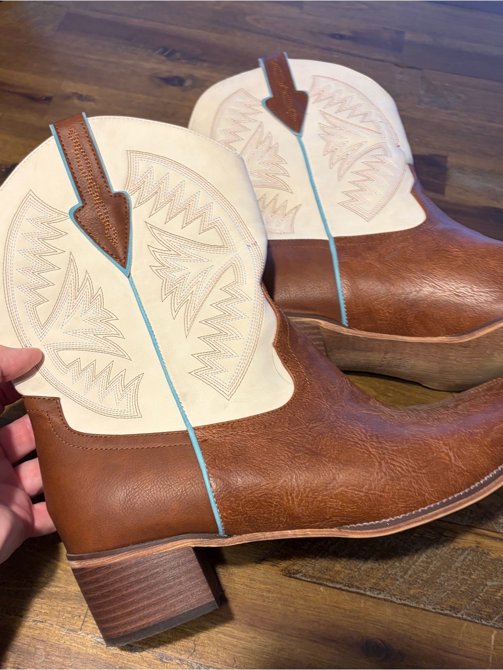 Women’s Brown and Cream Western Cowboy Boots with Turquoise Accent